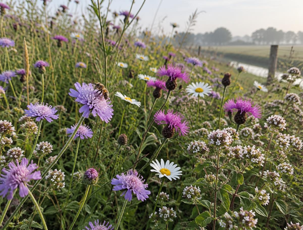 Illustratie: inheemse bloemen met een honingbij